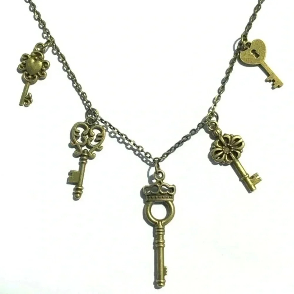 Antiqued Brass 5 Key Charm Steampunk Handmade Necklace E